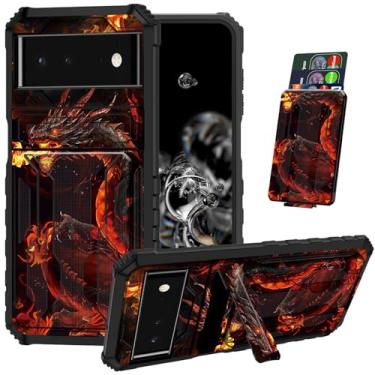 Imagem de ACWDMKH Capa para Pixel 6A com suporte para cartão e suporte para celular Google Pixel 6A capa protetora híbrida resistente à prova de choque para Pixel 6A, dragão vermelho legal