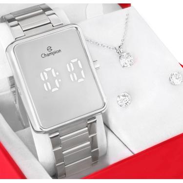 Imagem de Kit Relógio Champion Feminino Digital Prata Espelhado Colar Brincos CH40086S