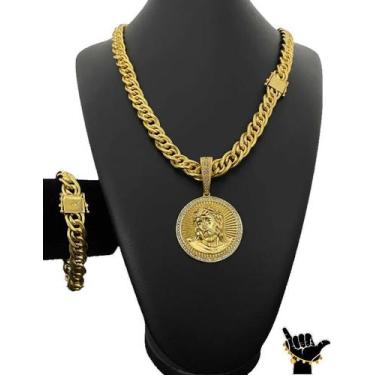 Imagem de Corrente Romana 10mm + Pulseira + Pingente - Banhado a Ouro - ToJoia18