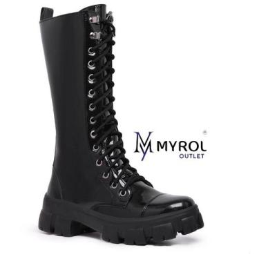 Imagem de Bota Tratorada Myrol Outlet Cano Alto Estilo de Blogueira Preto Verniz
