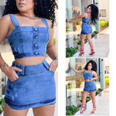 Imagem de Conjunto feminino saia curta e croppet jeans laycra - TRÊS CORAÇÕES, A
