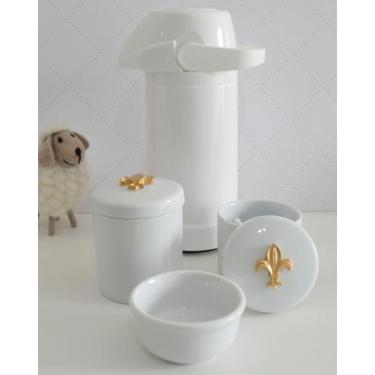 Imagem de kit Higiene Bebê Potes K022 Cotonete  Dourado Algodão Limpeza Porcelan
