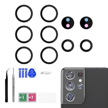 Imagem de BESJMYT Pacote com 2 lentes de reposição para câmera traseira para Samsung Galaxy S21 Ultra 5G adesivo lente de vidro da câmera traseira com kit de reparo de ferramenta de reparo completo Pinças pano