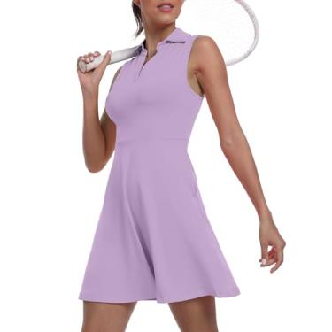Imagem de Vestido feminino de duas peças para golfe FPS 50+ esportivo esportivo esportivo com bolso e shorts separados, 09 roxo claro, P