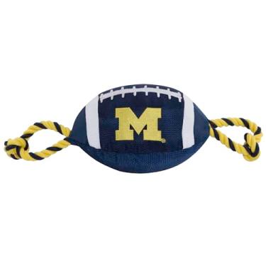 Imagem de NCAA MICHIGAN WOLVERINES Brinquedo de futebol para cães, materiais de nylon de qualidade resistente, cordas de puxar fortes, raspador interno, cores do time universitário