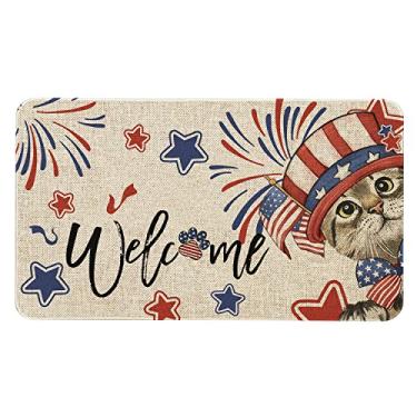 Imagem de Roszwtit Tapete de porta de 4 de julho 76 x 43 cm capacho de gato para uso interno e externo tapete antiderrapante Patriótico Memorial Day decoração de casa tapetes de borracha de boas-vindas