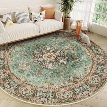 Imagem de Castage Tapete redondo de 2,7 m, tapetes grandes de área de círculo verde para quarto e sala de estar, lavável, boêmio, vintage, boêmio, envelhecido, oriental, floral, antiderrapante, antiderrapante
