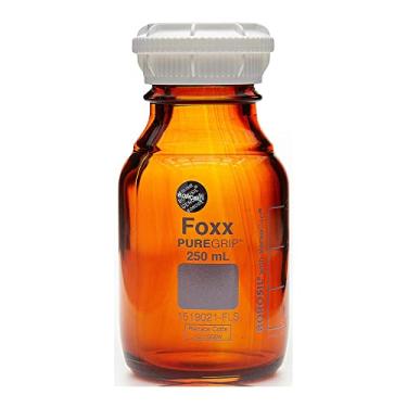 Imagem de Foxx Life Sciences Frasco de reagente de vidro borossilicato 3.3 PUREGRIP 1519021-FLS com tampa de rosca GL45 e anel de despejo, graduado, âmbar, capacidade de 250 ml (pacote com 10)