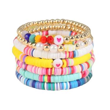 Imagem de Nexoluxa Pulseiras femininas empilháveis Boho surfista Heishi Boho disco de argila com contas elásticas elásticas para o dia dos namorados, pulseiras da amizade, joias de praia de verão, Adjustable,
