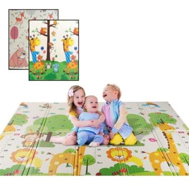 Imagem de Tapete Tatame Atividades Bebê Infantil Dobrável Dupla Face Educativo Emborrachado Antiderrapante Tapete Infantil de Proteção. Fácil de Transportar e Guardar, Util em Quarto, Sala, Escola, Berçarios, Parques (1,80X1,20cm *8mm) (Girafa / Urso)