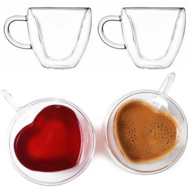 Imagem de Conjunto de 2 Xícaras de Vidro de Parede Dupla em Formato de Coração - 80 ml Elegantes Xícaras para Café, Chá, Cappuccino e Achocolatados"