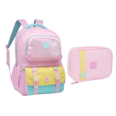 Imagem de Kit Mochila Feminina Juvenil Escolar Com Estojo 2025 (Rosa)