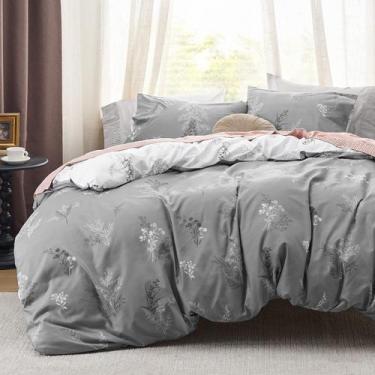 Imagem de Capa de Edredom Bedsure Queen Size Reversível - Estampa Floral Cinza