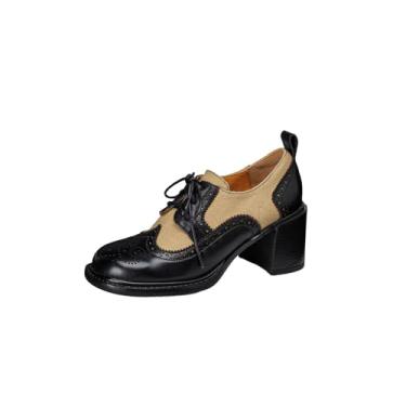 Imagem de TinaCus Mocassim Oxford feminino feito à mão em dois tons de couro genuíno com cadarço bico redondo bico redondo, Preto, 36