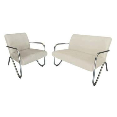 Imagem de Kit Namoradeira +  Poltrona Decorativa Bela Couro Bege Braço Cromado -