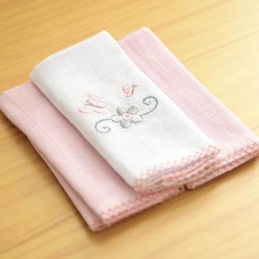 Imagem de Pano de Boca 3 Unidades Bordado Baby Joy Clássicos, Borboleta Rosa
