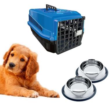 Imagem de Caixa Transporte Cães N3 Azul + 2 Comedouro Chalesco 150ML
