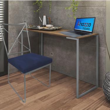 Imagem de Kit Escritório Clark Cadeira e Mesa Industrial Ferro Prata Tampo mdf Castanho Suede Azul Marinho - Ahz Móveis