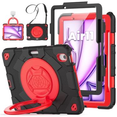 Imagem de ZSLVPN Capa infantil para iPad Air de 11 polegadas 2024 M2, iPad Air 11 6ª geração à prova de choque com alça giratória e suporte - protetor de tela - alça de ombro - suporte de lápis, preto/vermelho
