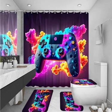 Imagem de Omebero Conjunto de 4 peças de cortina de chuveiro com cortina de chuveiro à prova d'água, tapete de banho antiderrapante, tapete absorvente e tampa de vaso sanitário, conjunto clássico de decoração