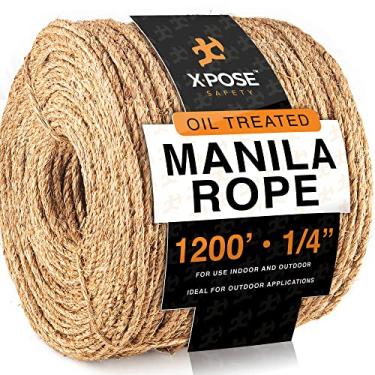 Imagem de Xpose Safety Corda Manila - De 1/4 Polegada, 1200 Pés Trançada 3 Fios Fibra Natural Grossa Para Uso Náutico, Marinho, Decorativa Artesanato, Coluna Varanda, Enrolador Poste Externo, Balanço Em Árvor
