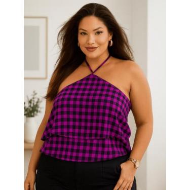 Imagem de Blusa Feminina Xadrez Soltinha Frente Única Cropped Alça Ajustável Cas