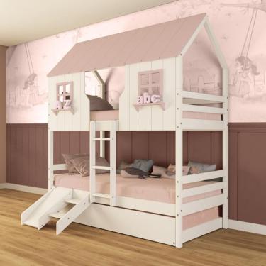 Imagem de Treliche Casinha Encantada com Kit Escada/ Escorregador Madeira Maciça Branco/ Rosa Megamobilia