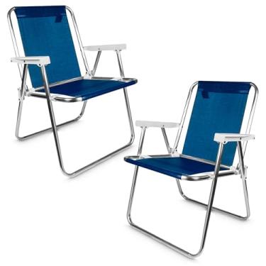 Imagem de Kit 2 Cadeira De Praia Alta Sanet Piscina Camping 110kg Alumínio (Azul-Marinho)