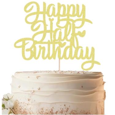 Imagem de EONNCNT Topo de bolo Happy Half Birthday - Glitter dourado 6 meses suprimentos de decoração de bolo de aniversário para meninos ou meninas chá de bebê, revelação de gênero ou 1/2 artigos de festa de