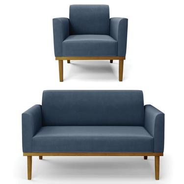 Imagem de Sofá Namoradeira E 1 Poltrona Base Madeira Castanho Maressa Suede Azul Marinho - Ibiza