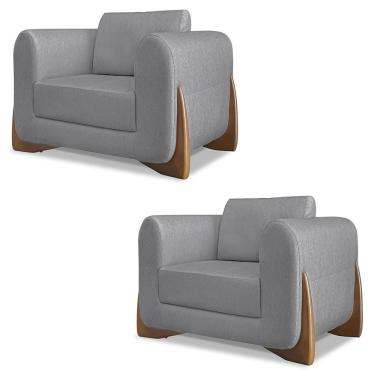 Imagem de Poltrona Para Sala Base De Madeira Kit 2 Izzy S06 Linho Cinza - Mpozenato