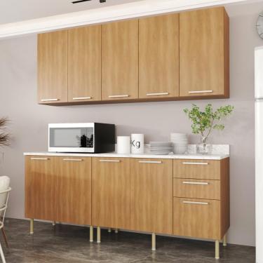 Imagem de Cozinha Compacta 4 Peças Com Armário E Balcão Com Tampo Multimóveis Cr20448 Freijó Mármore Branco