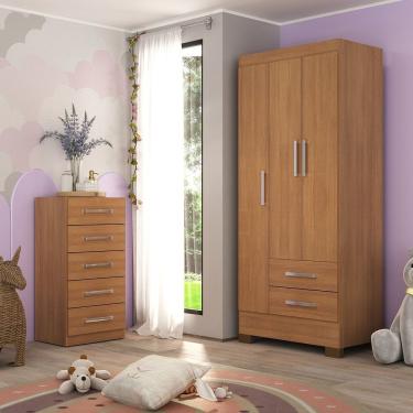 Imagem de Quarto Infantil Completo Guarda-roupa 3 Portas 2 Gavetas Com Cômoda 5 Gavetas Amy Espresso Móveis Cinamomo