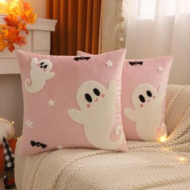Imagem de Tosleo Capas de almofada de Halloween 45,7 x 45,7 cm conjunto de 2 fronhas bordadas fantasmas brancos de Halloween para decoração de outono e festa de Ação de Graças Capas de almofada de veludo rosa