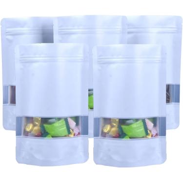 Imagem de Sacos Mylar de 100pcs para armazenamento de alimentos com janela fosca Mylar alumínio Mylar Aluminium Sacos selvagens se levantam com ziplock, sacos de vedação de calor, para vegetais desidr