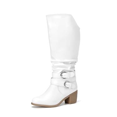 Imagem de RELLSA Botas femininas de cano alto na altura do joelho bico redondo despojado médio grosso salto bloco moderno sapatos de inverno, Poliuretano branco, 37