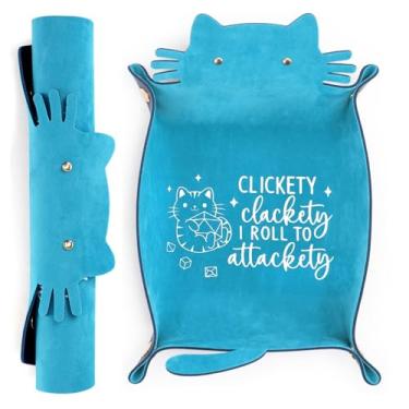 Imagem de ICoDeesse Bandeja de dados de gato azul novidade em forma de gato roxo bandeja de dados de couro PU para rolar suporte de dados portátil organizador de dados acessórios DND para jogadores de RPG