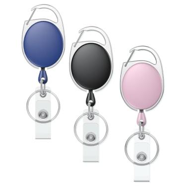 Imagem de Uniclife Pacote com 3 carretel retrátil para crachá para porta-crachás rosa, azul, preto, resistente, caixa de ABS com bobina de mola de aço inoxidável, clipe mosquetão de corda de nylon de 61 cm e