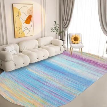 Imagem de USTIDE Tapete grande arco-íris oval 1,8 m x 2,5 m lavável tapete infantil listrado azul confortável quarto/sala de estar/sala de aula/decoração de quarto de meninas