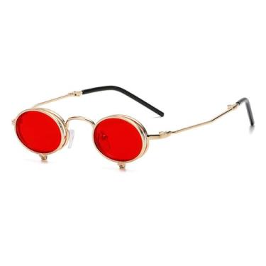 Imagem de Óculos de sol Steampunk Flip Up Masculino Pequeno Armação de Metal Punk Redondo Óculos de Sol Feminino Retro Óculos de Sol UV400 Óculos de Grau, C3Gold, Vermelho, Tamanho Único