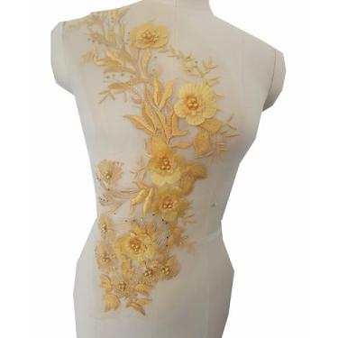 Imagem de Aplique de renda floral 3D bordado com apliques de flores com pérolas costuradas em remendos roupas de noiva casamento vestido de dança decoração (amarelo)