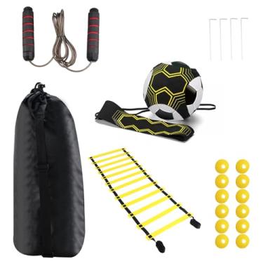 Imagem de Geeyae Conjunto de equipamentos de treinamento de agilidade de futebol, equipamento de treinamento de velocidade, incluindo 1 escada de agilidade, 12 cones de disco, 1 treinador de futebol solo, 1