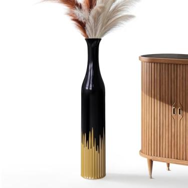 Imagem de Rocendlor Vaso preto de 60 cm – design de dente dourado, vaso decorativo cilíndrico para decoração de casa, sala de estar, entrada, casamento – vasos altos de resina