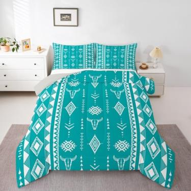 Imagem de Erosebridal Jogo de cama boêmio asteca ocidental, conjunto de edredom de caveira de touro, tamanho solteiro para meninos, meninas, homens e mulheres, edredom de caubói do sudoeste, enchimento de