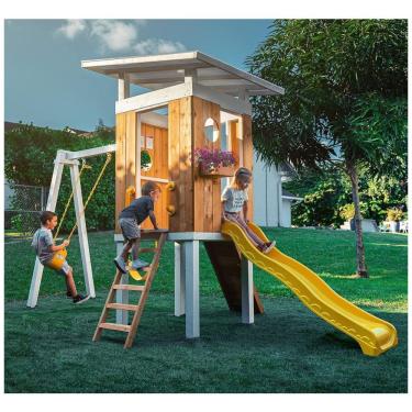Imagem de Playground Infantil de Madeira com Escorregador, Balanços, Escada e Parede de Escalada, Avenlur SW001, Amarelo
