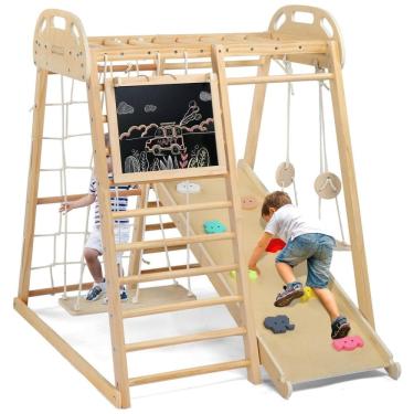 Imagem de JOYMOR 8 em 1 Jungle Gym Interno para Crianças e Bebês com Ponte Suspensa e Balanço, Playground Interno de Madeira com Escorregador, Quadro
