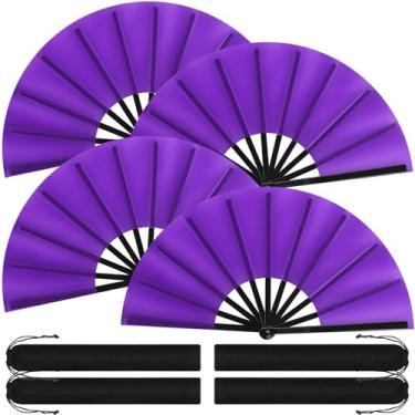 Imagem de Blulu 4 peças de leques grandes dobráveis para dança em linha, grandes de seda, palmas à mão, para botas de dança no chão, decoração de festa de festival (estilo clássico, roxo, 33 cm)