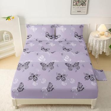 Imagem de QOOMO Jogo de lençol Queen de borboleta roxa com bolso profundo de borboletas, 40,6 cm, macio e respirável para meninos, meninas, crianças, adolescentes