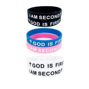 Imagem de KZL Pulseiras inspiradoras GOD IS FIRST IM SECOND Pulseiras de borracha de fé cristã para mulheres e homens gravadas versículos bíblicos cruz pulseira de silicone joias religiosas presentes, 4.8cm
