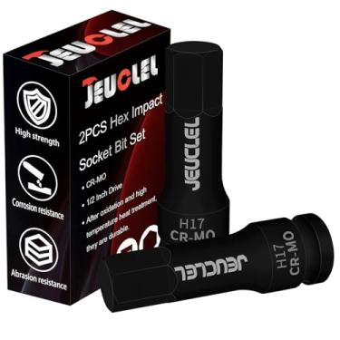 Imagem de JEUCLEL 2 peças de soquete sextavado de impacto de 17 mm, soquete Allen de acionamento de impacto H17 de 1/2 polegada, adaptador de chave de fenda hexagonal com alongamento de aço Cr-Mo para chaves